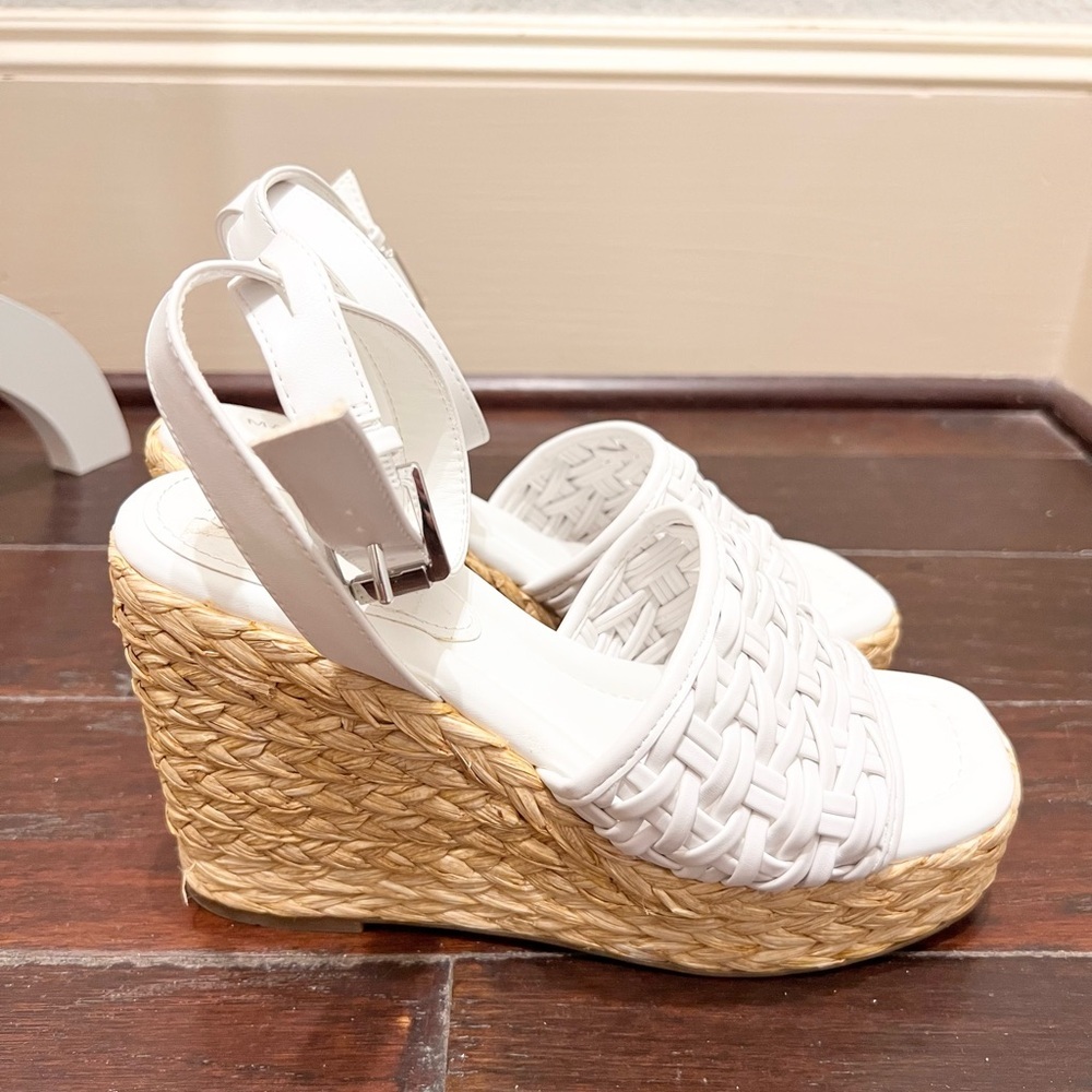 Marc Fisher White Woven Leather Espadrille Wedge Sandals